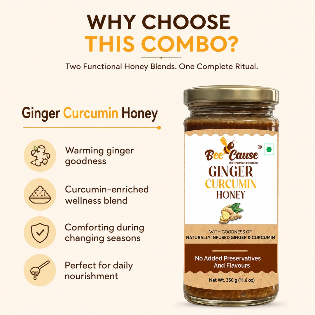 A promotional graphic for Bee Cause Ginger Curcumin Honey, showing a glass jar with a gold lid and a white-and-brown label on a light beige background. Text on the left explains the benefits of the ginger curcumin blend, and the headline at the top asks why choose this combo.