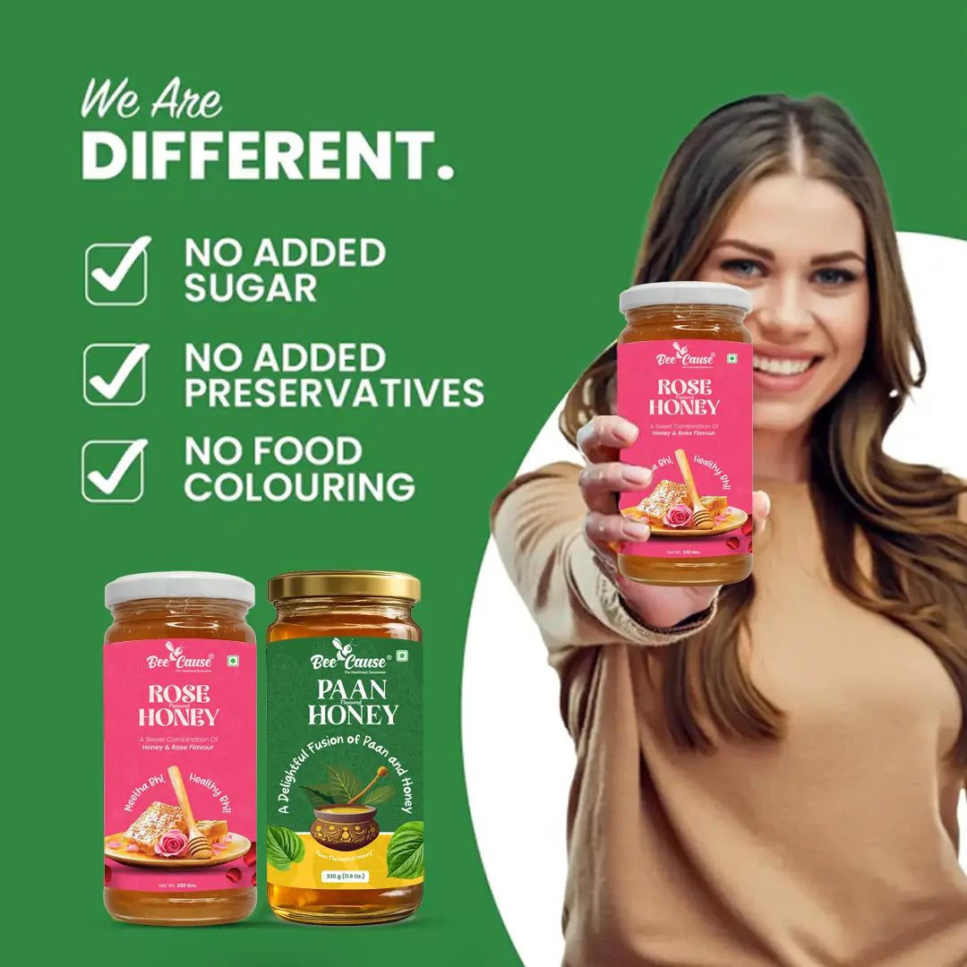 A smiling woman holding a jar of BeeCause Rose Honey, highlighting brand benefits of no added sugar, no added preservatives, and no food coloring.