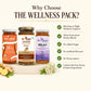 Three jars of Bee Cause wellness honey blends displayed on a pedestal with promotional text reading 'Why Choose THE WELLNESS PACK?' and feature callouts for morning to night support, three functional blends, no added sugar, no artificial flavors, no preservatives, and natural ingredients.