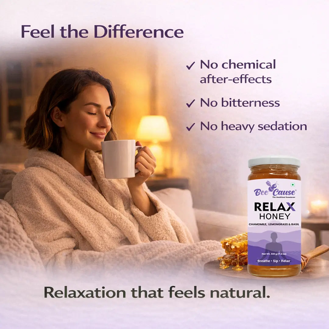 A smiling woman comfortably wrapped in a robe, enjoying a warm mug of Bee Cause Relax Honey at night, emphasizing relaxation with no chemical after-effects or heavy sedation.